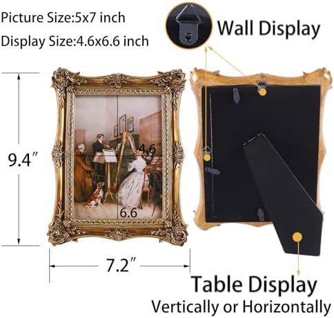 SIKOO Vintage Picture Frames 5x7 Antique Ornate Picture Frame Wall Mount and Tabletop Display Vintage Wall Decor Gallery Bronze Gold