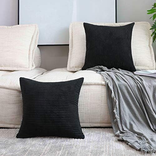 Home Brilliant Striped Velvet Cushion Cover for Chair 2 Packs Supersoft Handmade Summer Decorative Pillowcase for Bed Bench, 50cm, 20 x 20 Inch, Black