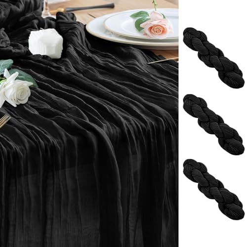Wokceer Cheesecloth Table Runner Black 10FT Boho Gauze Runner, 3 Pack