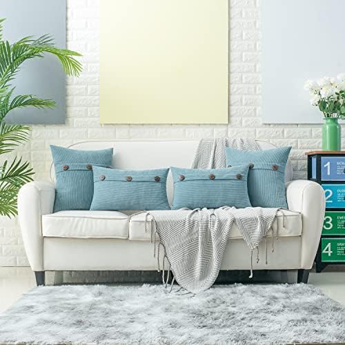 HWY 50 Light Blue Chenille Throw Pillow Covers 20x20 Inch Buttons Pack of 2