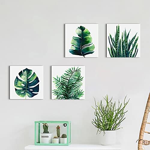 Nature Wall Art Green Plant Wall Decor Tropical Botanical Leaves Pictures Canvas Prints Bedroom Minimalist Boho Sage Monstera Leaf Painting Artwork for Bathroom Living Room Home Decorations 8x8” 4 Pcs