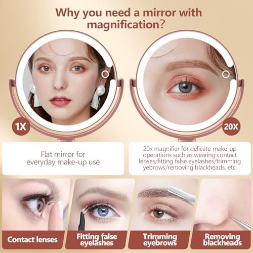 MIYADIVA Makeup Mirror with Lights,20X Magnifying Mirror with Light and Touch Switch, 2-Sided Vanity Mirror with 3 Colors and 80 LEDs, Metallic Rose Gold