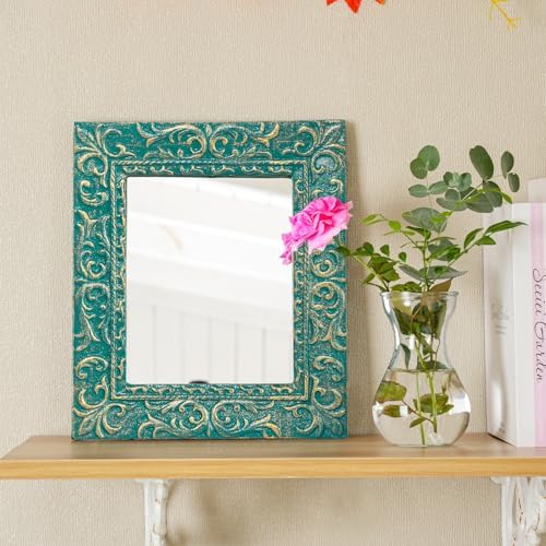 Sungmor Cast Iron Decorative Wall Mirror - Heavy-Duty Green & Gold Embossed Vintage Frame - Ornate Rectangular Hanging Mirror for Entryway, Living Room, or Bathroom