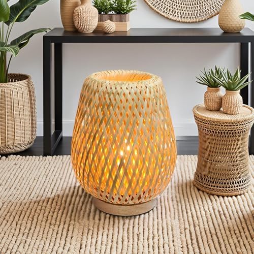 Rattan Table Lamp, Vintage Wicker Wooden Nightstand Lamp with Dimmable & Timer Function, Boho Bamboo Woven Desk Lamps for Bedroom Living Room Kids Room, 2700K T45 LED Bulb Included