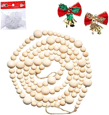 7.2ft Christmas Wood Bead Garland, Farmhouse Wooden Rustic Country Prayer Beads Boho Home Holiday Decoration, Tiered Tray Wall Hanging Decor