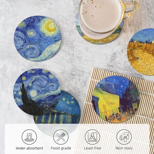 Drink Coasters with Holder - 6 Set Ceramic Coaster for Drinks Absorbent with Cork Base and Golden Holder - Coasters for Coffee Table Apartment Wooden Bar Mugs Glasses Cup Beer