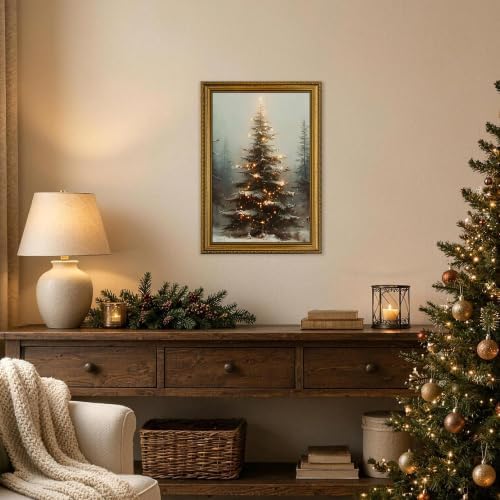 Fantasy Artists Christmas Framed Canvas Wall Art, Lighted Christmas Tree in Snowy Forest Gold Frame Print, Vintage Winter Holiday Decor for Living Room Bedroom Entryway, Ready to Hang, 16" Wx24 H