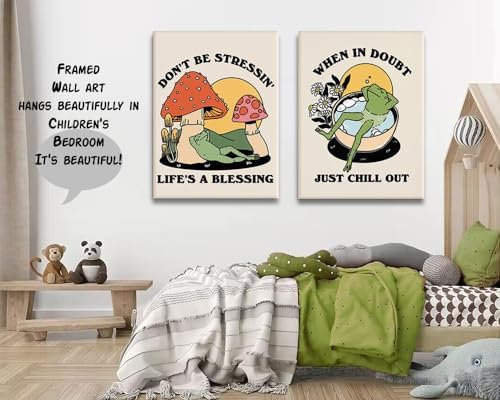 Retro Groovy Frog Mushroom Wall Art 70s Vintage Chill Quote Canvas Prints | Cute Animal Painting Cottagecore Positive Cozy Picture Wall Decor for Bathroom Bedroom Ready to Hang 12x16Inches