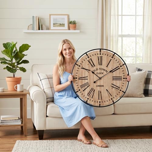 EMAX HOME 30 Inch Rustic Wall Clock, Warm Light Oak Wood Look with Black Iron Frame, Silent Sweep Movement, Clear Roman Numerals and Tick Marks, for Fireplace Mantel, Hallway, or Dining Room.
