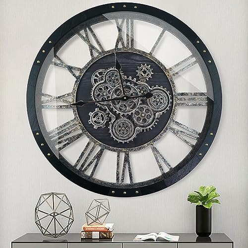 27 Inch Moving Gear Wall Clock, Oversized Wall Clocks, Clock Living Room Decor, Solid Wood Frame, Battery Operated, Large Wall Clock with Steampunk Industrial for Fireplace(Black)