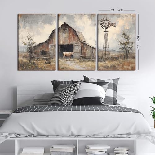 Rustic Farmhouse Wall Art Vintage Windmill Wilderness Canvas Painting for Living Room Nature Village Scenery Canvas Artwork Farm Cow Paintings Wall Decor for Kitchen Office Home Decorations 24x36"