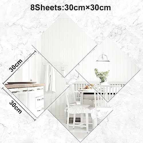 JUNEBRUSHS 8 Pack Self Adhesive Acrylic Mirror, 12 x 12 Inch Mirror Tiles | 2MM Thick Mirror, Frameless Small Mirror, Flexible Plastic Sheets Wall Stickers