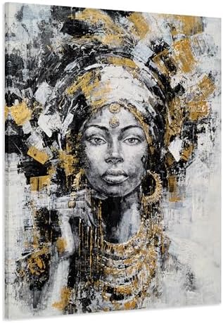 Yihui Arts Black Woman Painting with Gold Foil - Hand Painted African American Canvas Wall Art for Living Room, Bedroom, and Hallway Decor