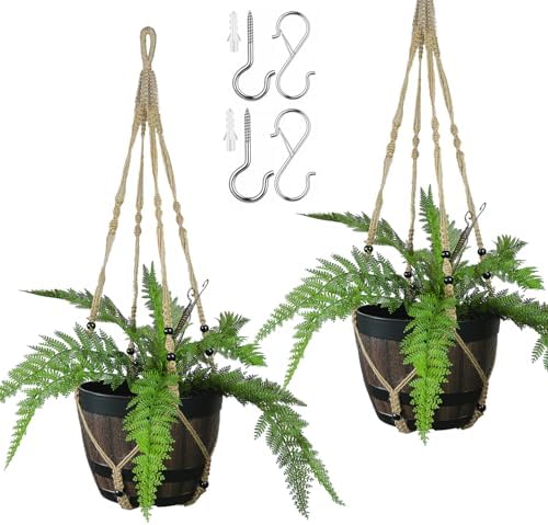 Bouqlife 43 Inches Macrame Plant Hanger Large for 14 inch Pot Extra Long No Tassel Rope Hanging Plant Holder with Ceiling Hook Bohemian Home Décor Brown 2Pack