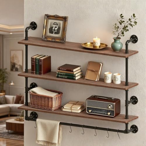 ROGMARS Industrial Floating Pipe Wall Shelves with Towel Rack 30 Inch