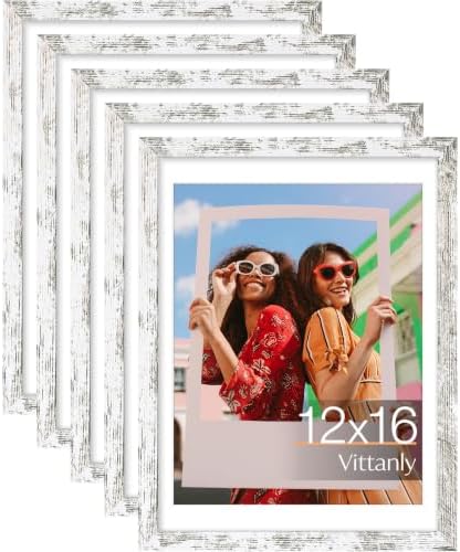 Vittanly 12x16 Picture Frames Set of 5, Wall Mounting, Distressed White