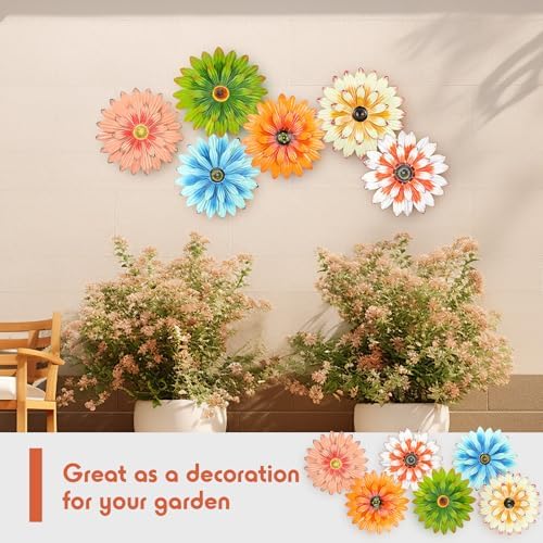 Zhehao 6 Pcs Metal Flower Wall Art Decor 8 Inch Sunflower Wall Decorations Hanging Outdoor Art Multicolored Handmade Metal Flowers Outdoor Decor(Elegant Color)