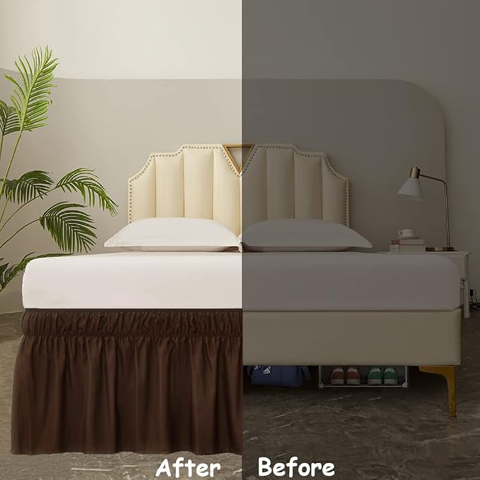 MEILA Wrap Around Elastic Bed Skirt for Twin & Full Beds, 14" Drop, Brown | Three-Side Adjustable Elastic Dust Ruffle, Ruffled Polyester Fabric, Easy to Install, Fade Resistant & Machine Washable
