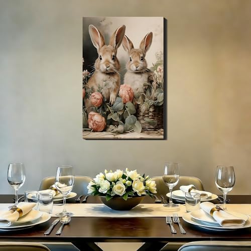 Rustic Bunny & Flowers Canvas Wall Art Framed Rabbit Canvas Prints Picture for Fireplac,Hallway, Farmhouse Spring Easter Wall Decor & Holiday Decoration for Bedroom Bathroom 8x12 In
