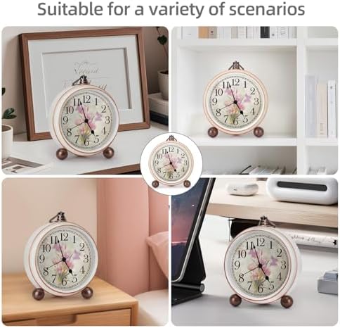 Classic Vintage Table Clock - 5.2in Pink Tulips Analog Desk Clock, Silent Non-Ticking Clock with Distressed Metal Frame for Office, Living Room or Bedroom (Pink Tulips)