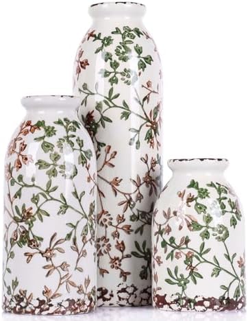 Green Ceramic Vase Set of 3 - Modern Rustic Farmhouse Style, Decorative Vases for Dining Table, Shelf, Bedroom, Living Room, Kitchen, Office, Bathroom, Mantle, Centerpiece Décor (Green)