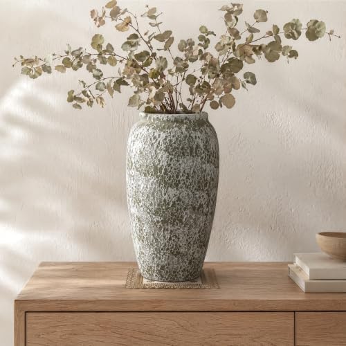 AOZITA Ceramic Flower Vase, 9.3" Tall Rustic Farmhouse Vase with Textured Finish, Slim Vintage Home Decor for Living Room, Kitchen, Bedroom & Office, Antique