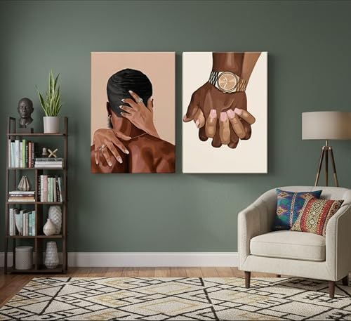 UHVBBCO 2 Pcs Afro Black Couple Canvas Wall Art | African American Women Men Black Love Pictures Wall Decor Black Girl Poster Print Artwork for Bedroom Living Room Bathroom