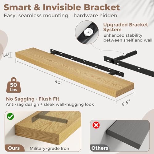 FLYJOE 40 Inch Floating Shelves for Wall Set of 2, 6.5" D Wood Grain Bathroom Shelves with Invisible Brackets, Easy Install Engineered Wood Storage Shelves for Kitchen, Living Room, Bedroom
