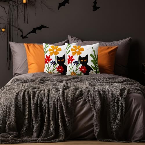 Merrycolor Embroidered Pillow Covers 18x18 Black Cat and Flower Pattern Decorative Throw Pillow Covers Comfortable Cotton Canvas Square Couch Cushion Cases for Sofa Bed Living Room Decor
