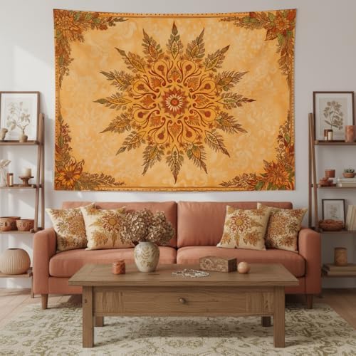 Accnicc Boho Mandala Floral Tapestry Vintage Bohemian Indian Tapestries for Bedroom Aesthetic Retro Orange Yellow Flower Extra Large Tapestry Wall Hanging for Dorm Living Room Decor 90 x 68 Inch