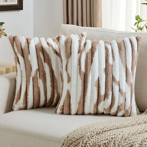 FUTEI Pack of 2 Faux Fur Throw Pillow Covers 20x20 Inch, Brown White