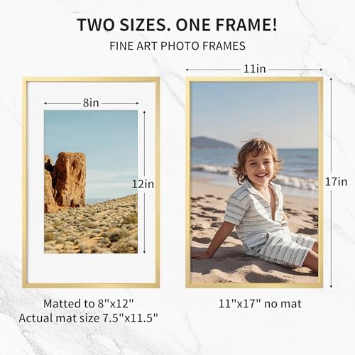 11x17 Metal Picture Frame with 8x12 Mat, Brushed Aluminum Finish, Attached Hanging Hardware, and Tempered Glass Front - Versatile Vertical or Horizontal Wall Display Frames Set of 1 - Gold