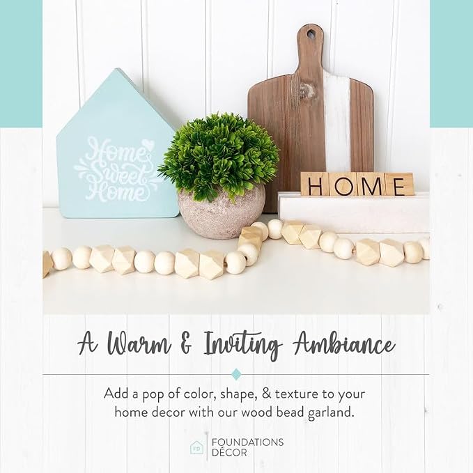 FOUNDATIONS DECOR Wood Bead Garland with Tassels - Boho Beads Home Decor - Sea Foam