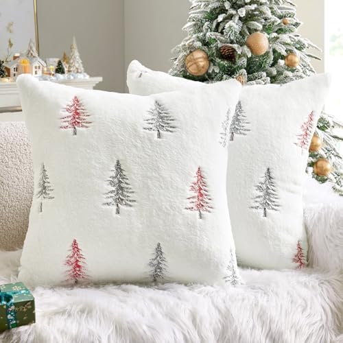 MIULEE Christmas Decorative Faux Fur Pillow Covers 20x20 Inch White Red