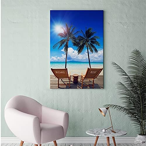 Vacation Canvas Prints Artwork with Couple's Names on Deck Chairs,Perfect Love Gift for Anniversary,Wedding.36X24 inches