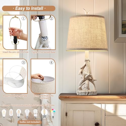 23'' Farmhouse Table Lamps for Bedroom Rustic Deer Antler Table Lamps Set of 2 Bedside Nightstand Lamp Western Log Cabin Lamp for Living Room Study Room Desk, White