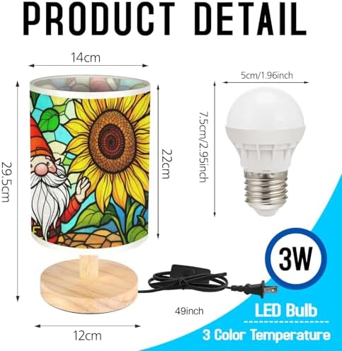 Gnome with Sunflower Table Lamp LED 3-Color Pressed Bedside, Gnome with Sunflower Shade Lamp with Wood Base for Bedroom Living Room Desk Office TL01