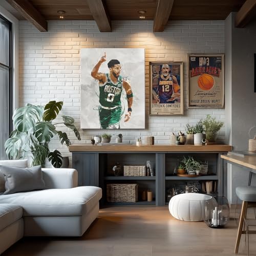Jayson Tatum Basketball Canvas Wall Art, Sports Player Poster, 12x16 Inch | Abstract splash ink athletic artwork, motivational sports wall decor for teen boys room, bedroom, living room, gym or office