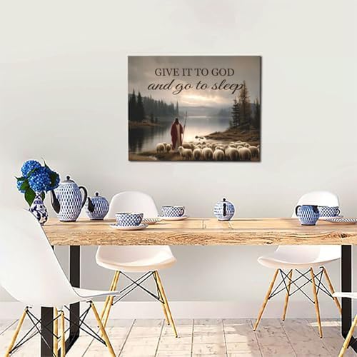 Jesus with Lamb Wall Art Jesus and Lamb Wall Decor Pictures Religious Christian Canvas Prints Painting God Faith Artwork Give it to God and Go to Sleep Decoration for Bedroom Framed Gifts 16"x20"