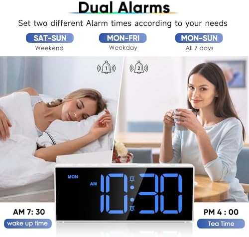 Alarm Clock with Large Display Big Numbers,5 Levels Brightness，Snooze,USB Charging Port,LED and Mirror Desk Clock,Dual Alarms Modern Electronic Clock for Bedroom Home Living Room Office. (White)