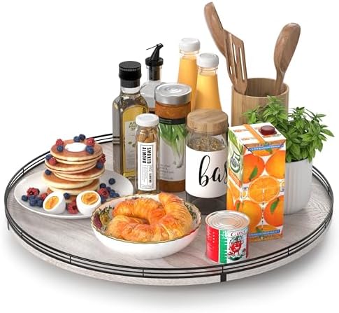AMH 21-Inch Whitewashed Farmhouse Wooden Lazy Susan Organizer