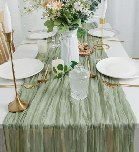 FEXIA 3Pcs Sage Green Cheesecloth Table Runner for Baby Shower Decoration