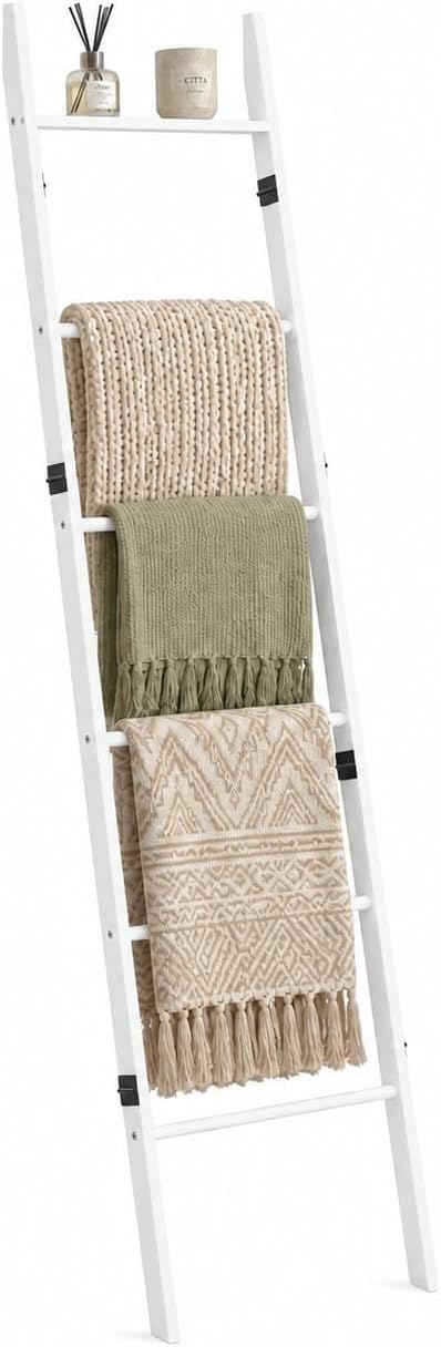 6 Tier Blanket Ladder with Shelf, Wooden Blanket Rack for Living Room, Leaning Towel Ladder Rack for Bedroom, Bathroom, Quilts, Throws, Towels and Farmhouse Décor White