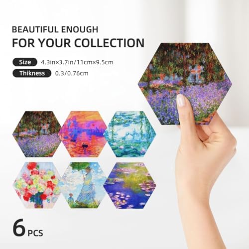 Coaster for Drinks Set of 6,Famous Claude Monet Paintings Absorbent Round Ceramic Stone Mat, with Cork Base and Metal Holder, Gift for Housewarming Room Bar Decor