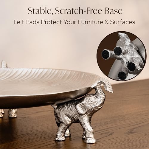Round Tray with Elephant Stand – Silvery Decorative Tray for Coffee Table Tray, Dining Table Centerpiece Decor, Round Trays Home Decor, Serving Tray for Kitchen Counter Decor