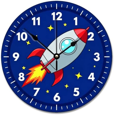 ArogGeld Kids Room Wall Clock Colourful Rocket Ship Outer Space Wood Clock