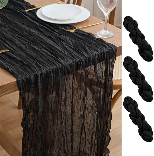 Asee'm 3pcs Black Cheesecloth Table Runner Summer 10FT Boho Gauze Rustic