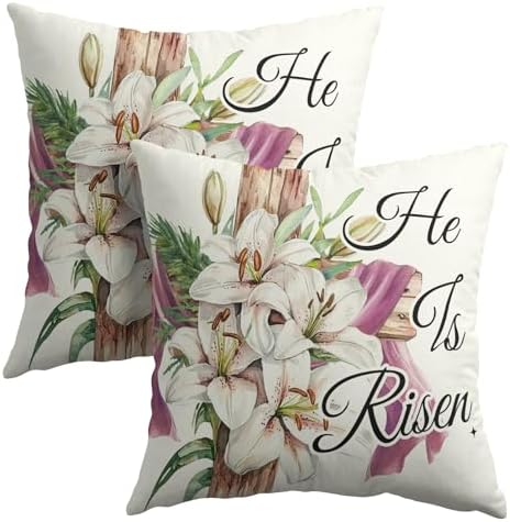 Easter Throw Pillow Covers 22x22 Inch Set of 2 He is Risen Cushion Case Spring Lily Flower Cotton Linen Square Pillowcases Happy Easter Pillows Protector for Home Sofa Party Couch Bed