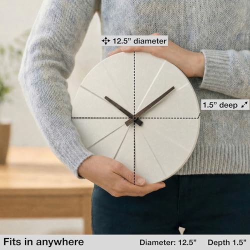Driini Modern Wall Clock with No Numbers and Wooden Hands. White 12.5 Inch | Silent battery operated quartz; frameless oversized polyresin face; decorative minimalist style for a living room or office.
