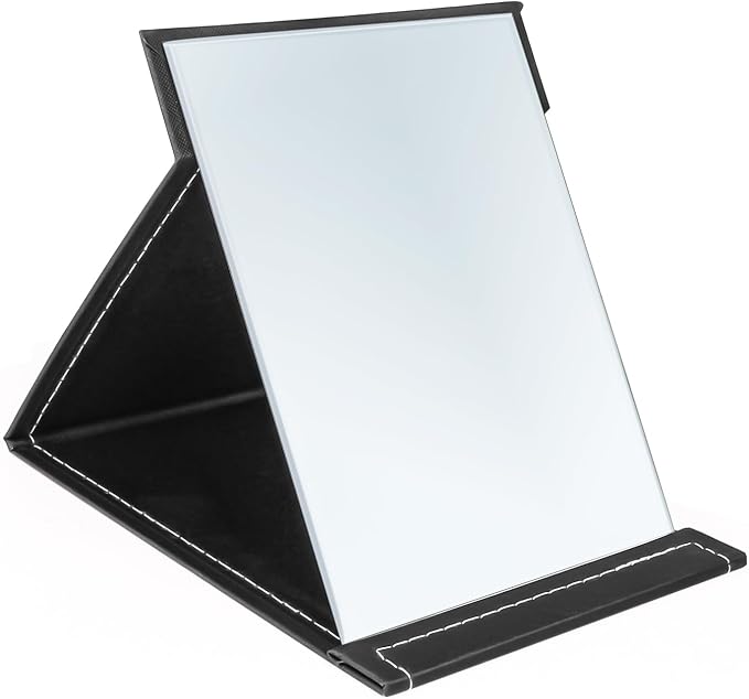 7x10 Inches Makeup Mirror, Portable PU Leather Folding Desktop Vanity Mirror with Adjustable Stand for Vanity Table, Office, Travel (L, Black)